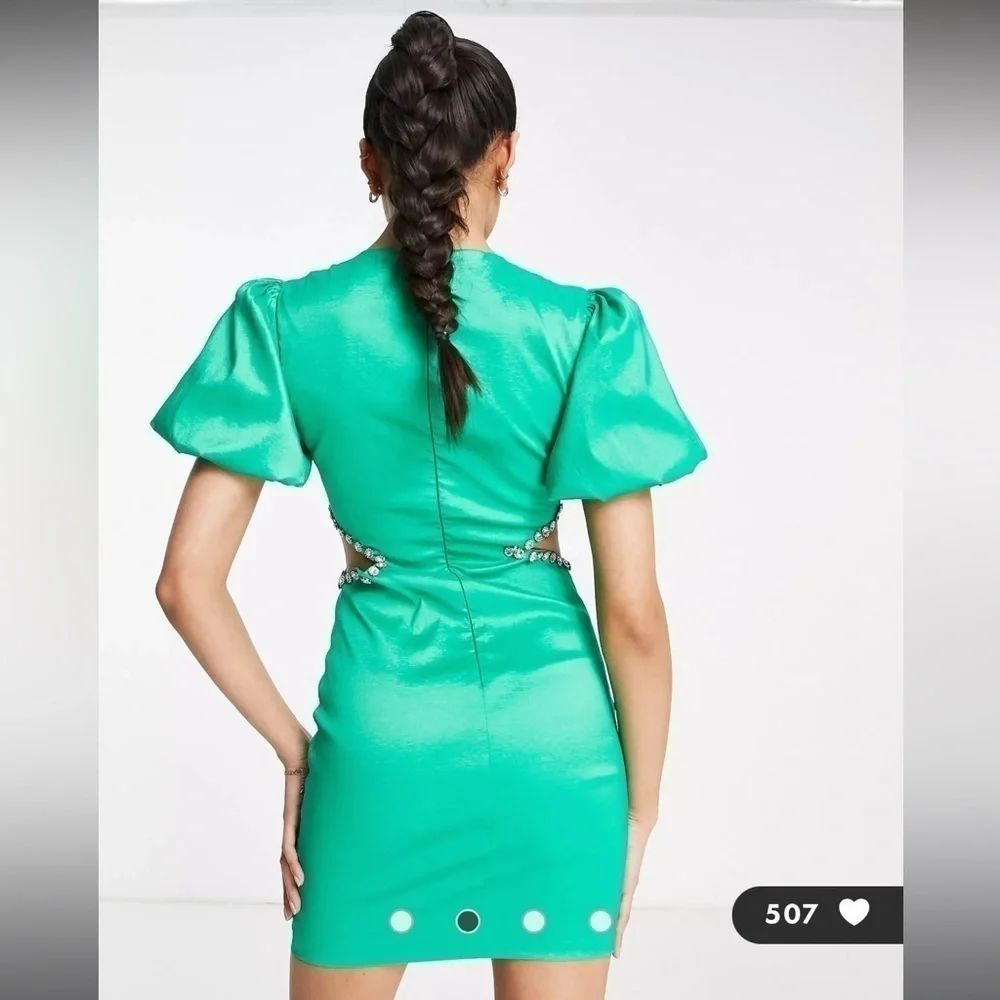 Band of Stars Green Puff Sleeve Rhinestone Cutout Dress Size 8 - Picture 2 of 13
